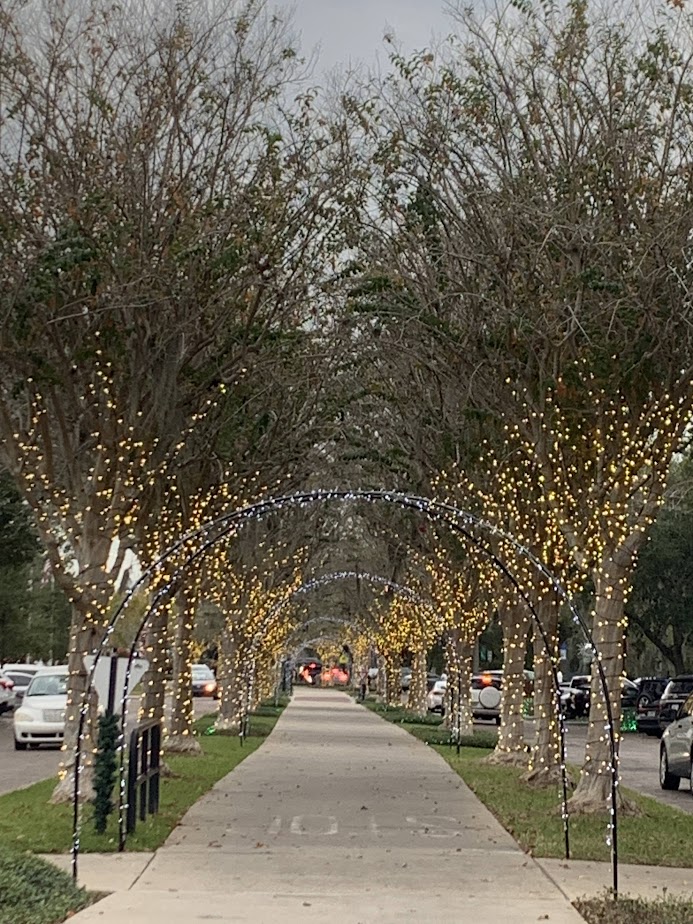 Lights lining the street of downtown Winter Garden, one of the most charming towns near Orlando